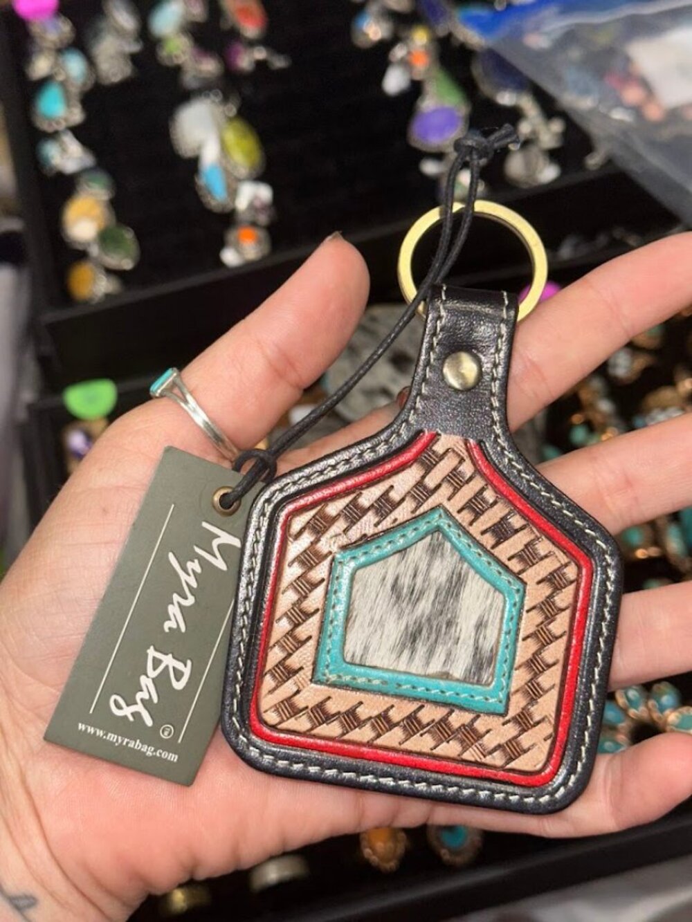 Myra Leather & Cow Hide Ear Tag Key Chain